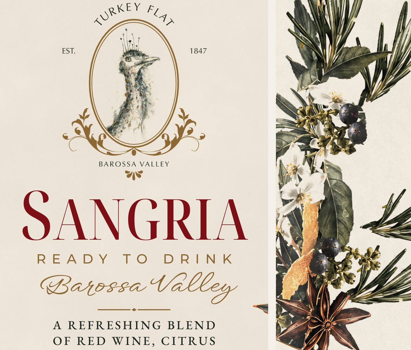 Close-ups from the print file: the Turkey Head logo above the Sangria title, Ready to Drink and Barossa Valley script, and a detail of the Vermouth botanicals with rosemary, juniper, orange blossom and star anise.