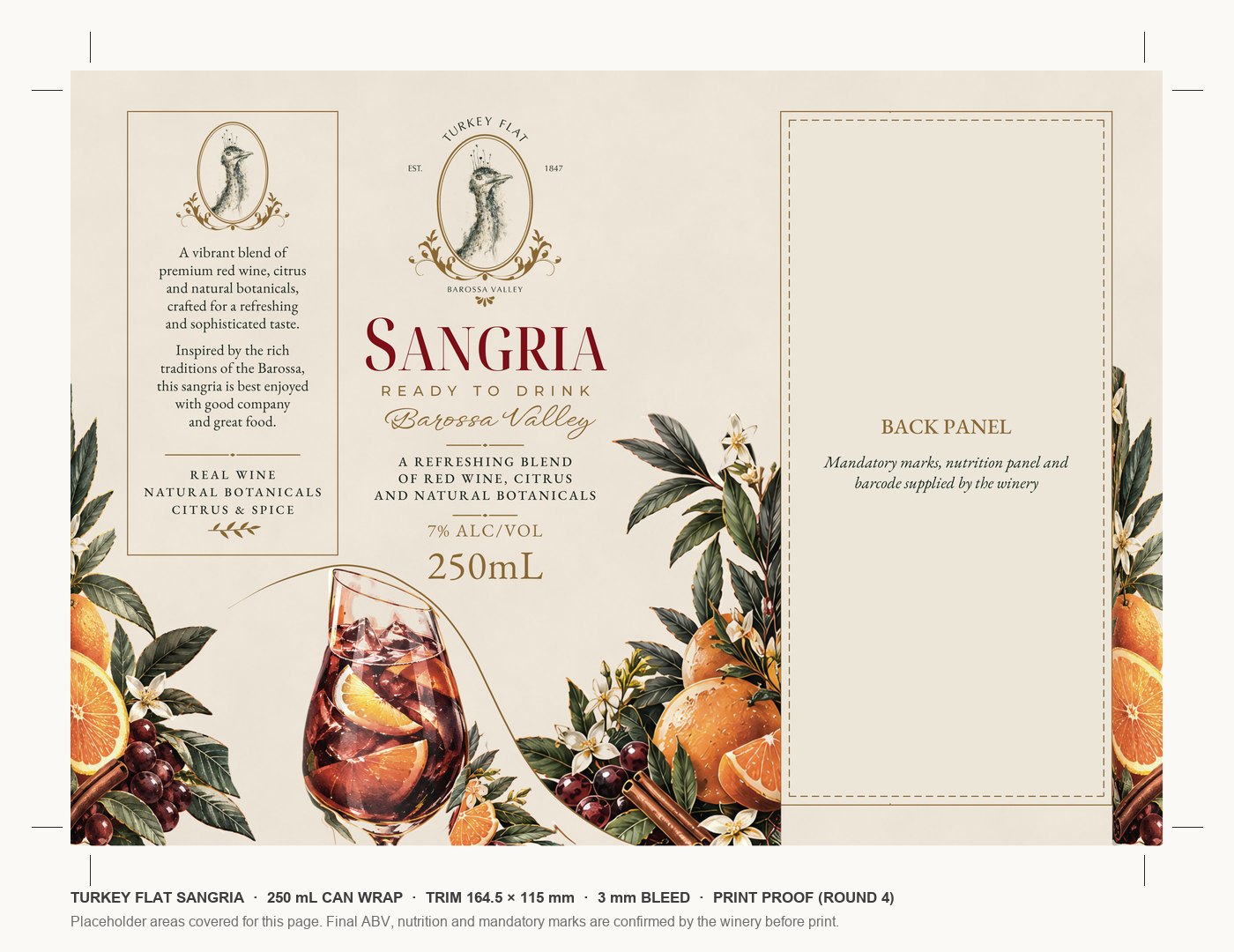 Print proof of the Sangria label laid out flat with crop marks: left side panel with the winery’s copy, the front with the Turkey Head logo and Sangria title, and illustrated fruit wrapping round. The back panel is covered with a note that it is supplied by the winery.