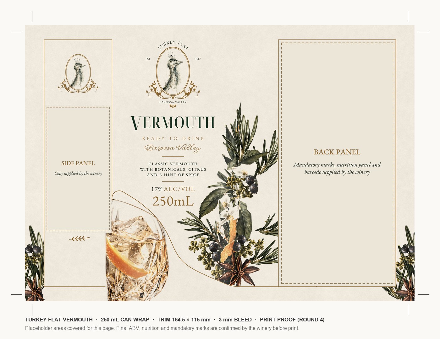 Print proof of the Vermouth label laid out flat with crop marks: the front with the Turkey Head logo and Vermouth title, the crystal glass and the botanical bouquet running round the side. The side-panel copy and the back panel are covered with notes that they are supplied by the winery.
