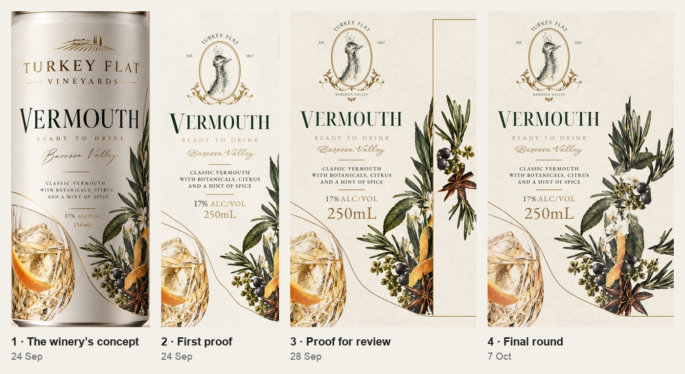 The Vermouth front panel in four stages: the winery’s concept with plain type, our first proof with the Turkey Head logo, the proof sent for review with the bouquet stopped by a gold rule, and the final round with the bouquet carried round the side.