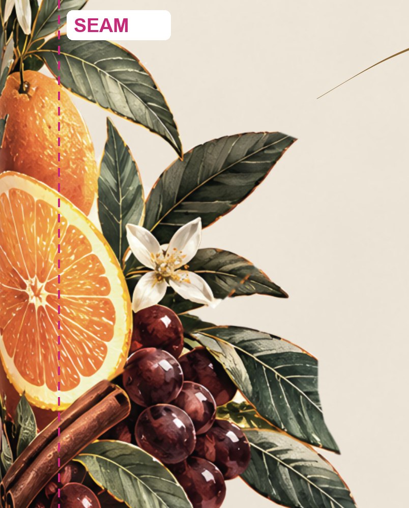 Detail of the Sangria label at the seam: oranges, grapes, leaves and cinnamon continue across a dashed line marking where the two ends of the label meet.
