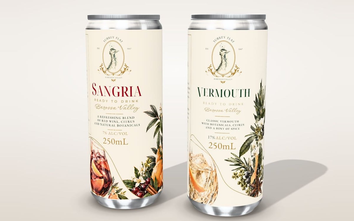 3D render of the Turkey Flat Sangria and Vermouth cans side by side. Each cream label has the Turkey Head logo at the top, the product name, and illustrated fruit, botanicals and a glass wrapping round the can.