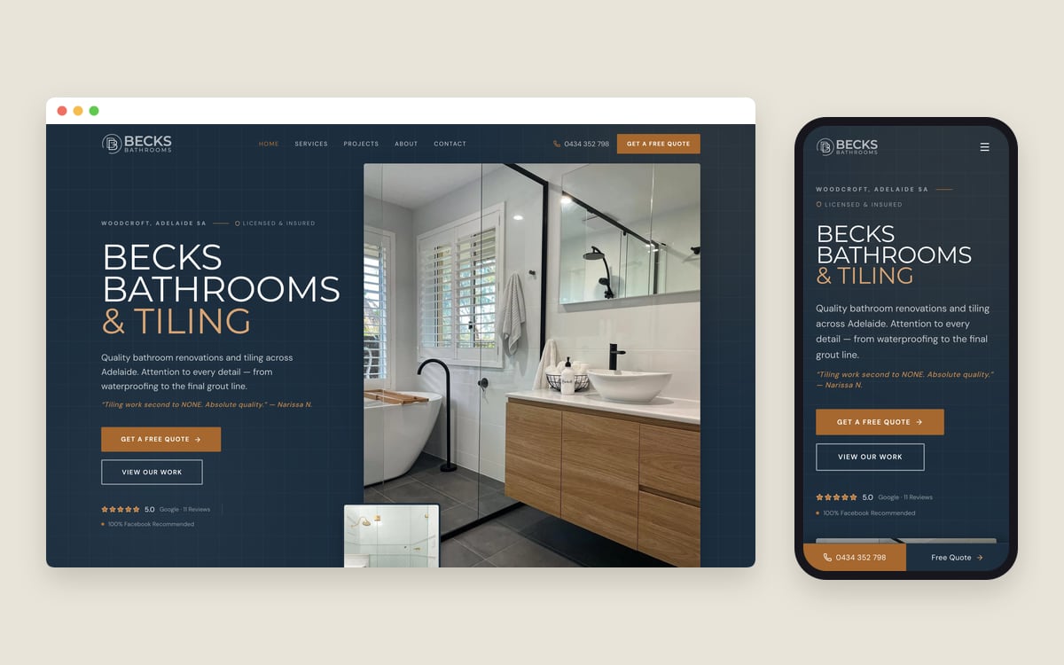 The Becks Bathrooms & Tiling homepage on a desktop screen and a phone, one of the websites built by JB Digital Barossa.