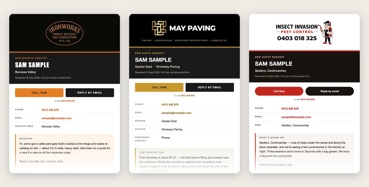 Three branded website enquiry emails side by side, for Iron Works Mobile Welding, May Paving and Insect Invasion, each with the business logo and colours, call and reply buttons, and the enquiry details laid out.