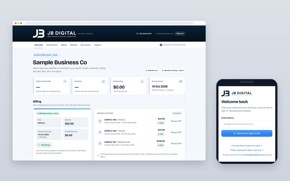 The JB Digital Barossa client portal: a dashboard with hosting plan, next payment date, paid invoices and billing status on a laptop screen, beside the passwordless sign-in page on a phone.