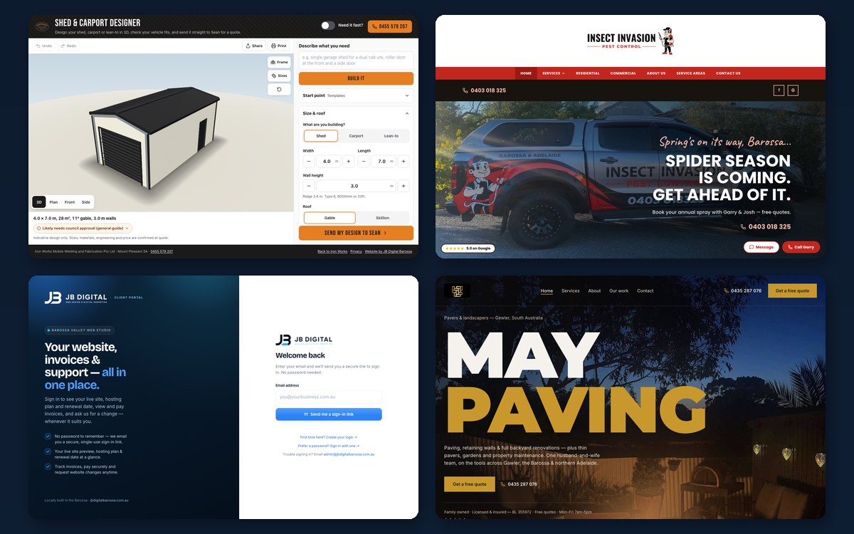 Four recent projects: the Iron Works 3D shed designer, the Insect Invasion homepage, the JB Digital Barossa client portal sign-in and the May Paving homepage.