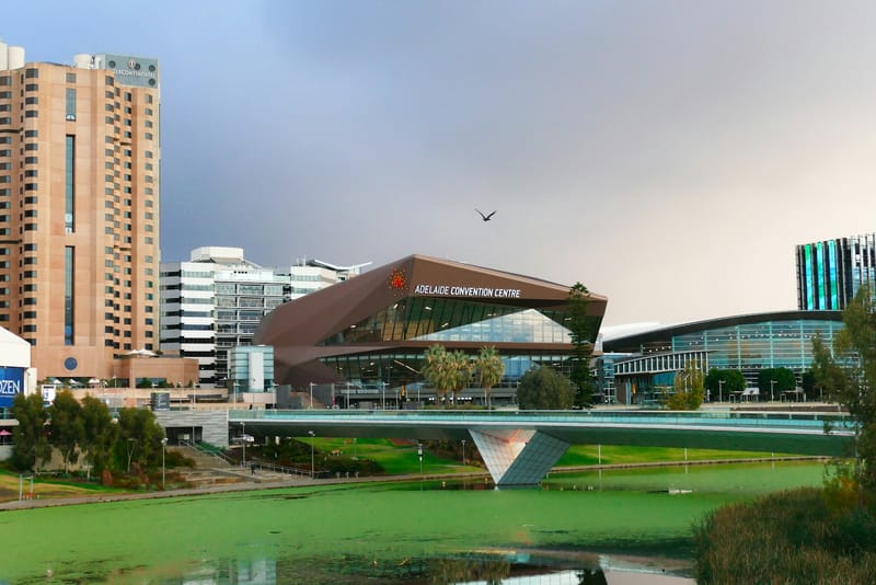 The Adelaide Riverbank precinct: the footbridge over the River Torrens and the Adelaide Convention Centre, South Australia.
