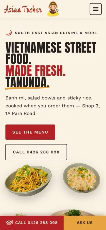 Asian Tucker website on a phone: “Vietnamese street food. Made fresh. Tanunda.” with noodle and fried rice bowls