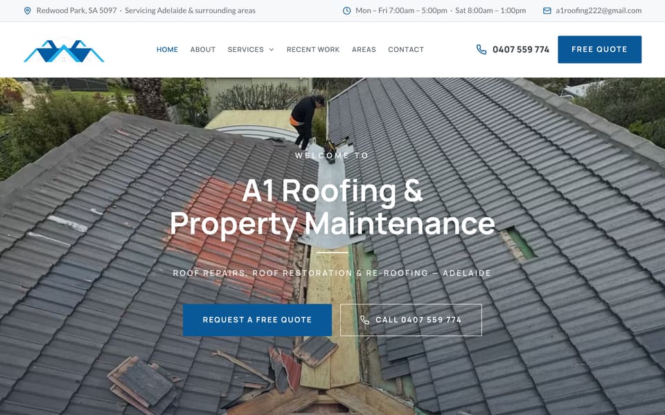 A1 Roofing & Property Maintenance website homepage showing a roofer working on a tiled roof repair in Adelaide
