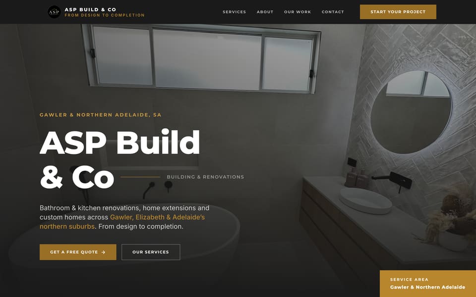ASP Build & Co website homepage with a renovated bathroom hero and “Get a free quote” button