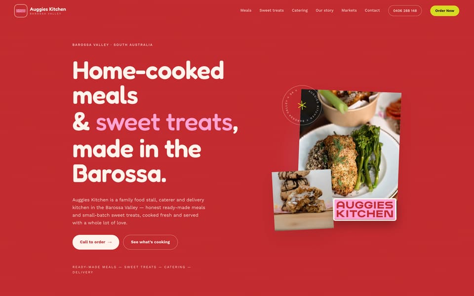 Auggie’s Kitchen website homepage: “Home-cooked meals & sweet treats, made in the Barossa” with food photos