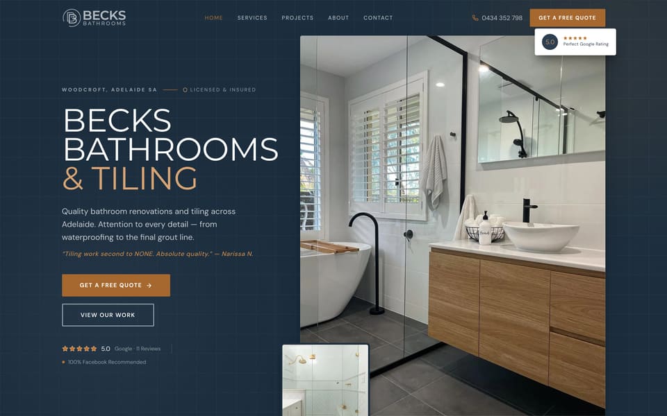 Becks Bathrooms & Tiling website homepage with a renovated bathroom featuring a freestanding bath and timber vanity