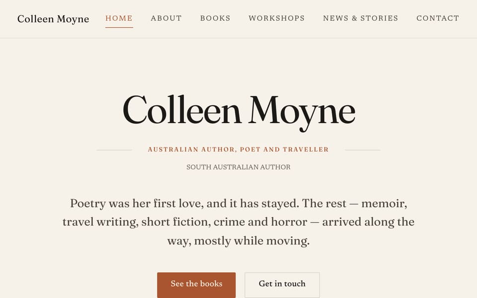 Colleen Moyne author website homepage with tagline “Australian author, poet and traveller” and a See the books button