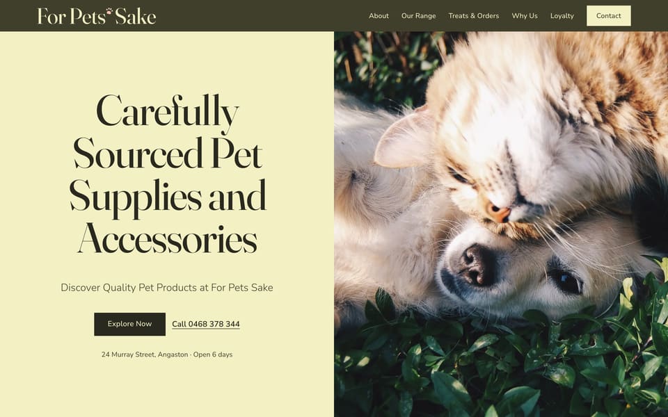 For Pets Sake website homepage with a cat and dog cuddling on grass beside the heading “Carefully Sourced Pet Supplies”