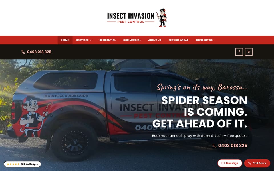 Insect Invasion Pest Control website homepage with branded ute and “Spider season is coming. Get ahead of it.” banner