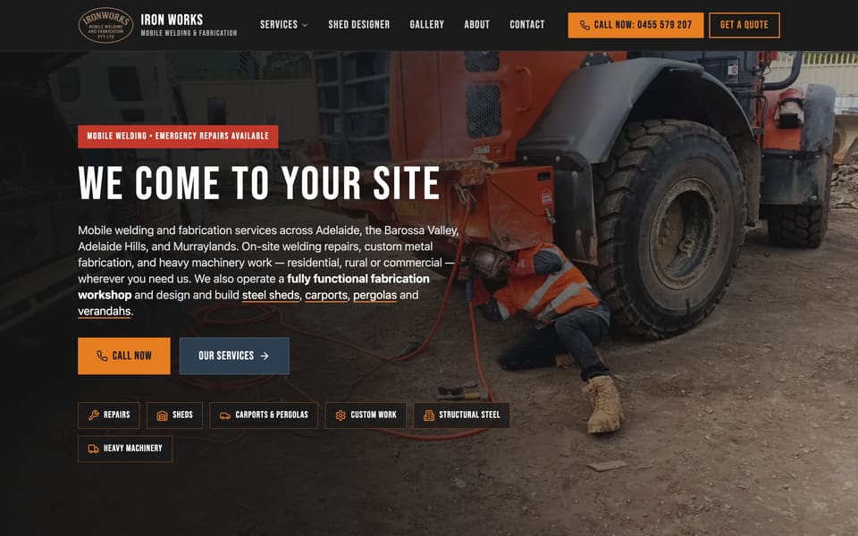 Iron Works Mobile Welding website homepage showing a welder repairing heavy machinery on site under “We come to your site”