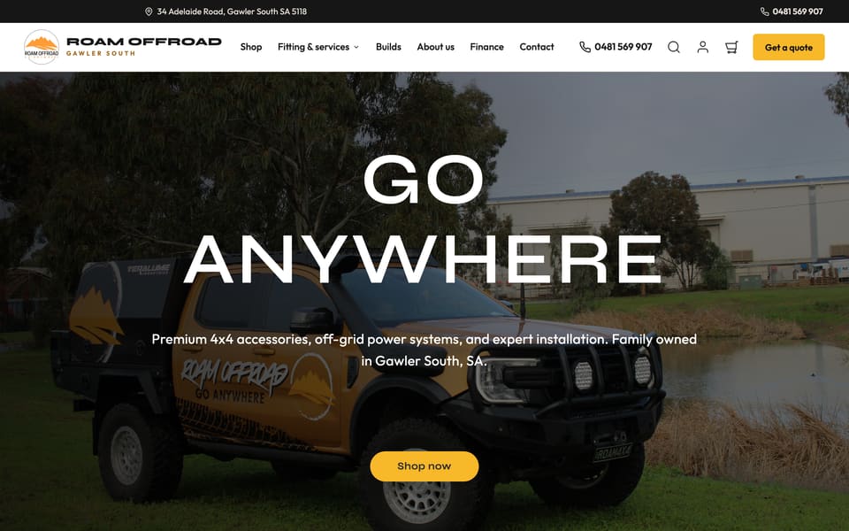 Roam Offroad website homepage with a branded 4x4 ute and the headline “Go Anywhere”