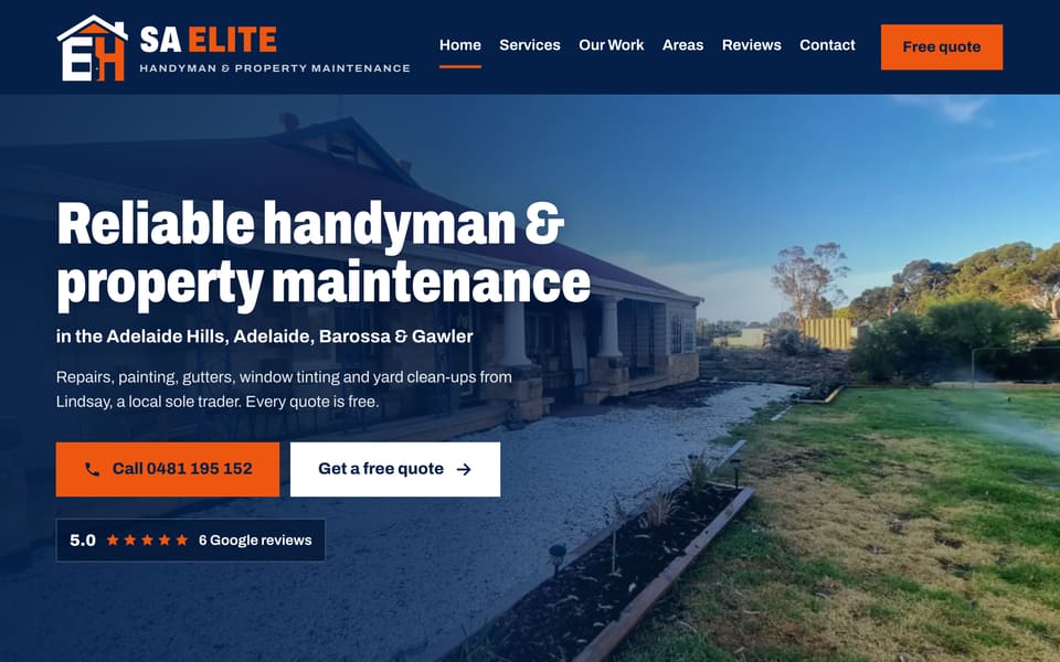SA Elite Handyman website homepage with headline “Reliable handyman & property maintenance” over a tidy front yard