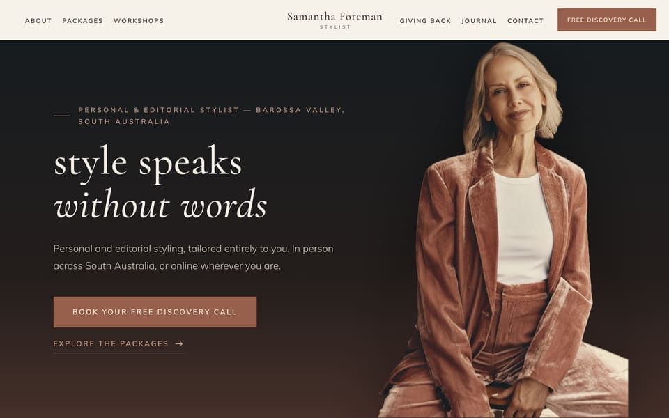 Samantha Foreman Stylist website homepage with headline “style speaks without words” beside a woman in a velvet rust suit