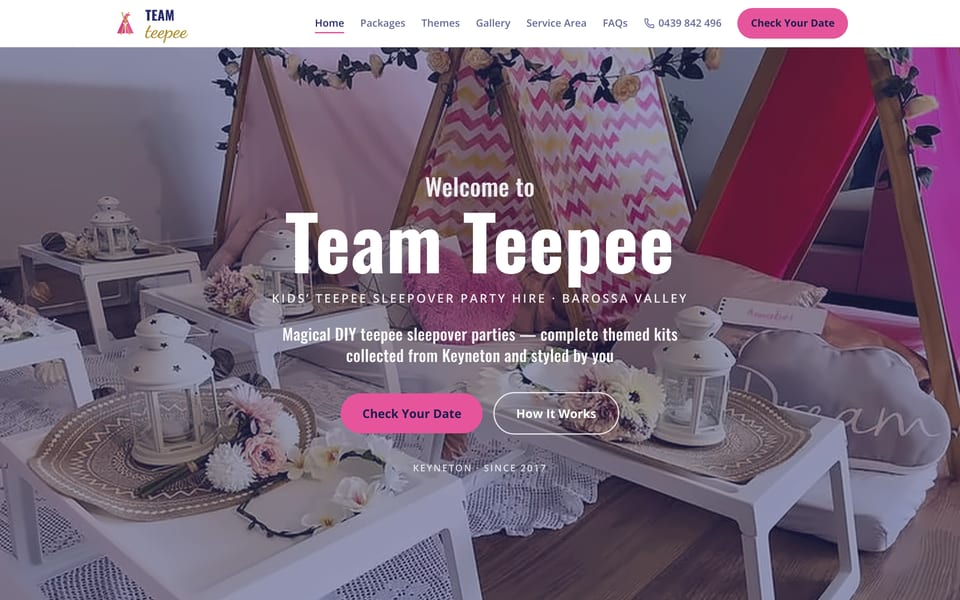 Team Teepee website homepage with pastel teepees, lanterns and flower-topped trays for kids’ sleepover parties