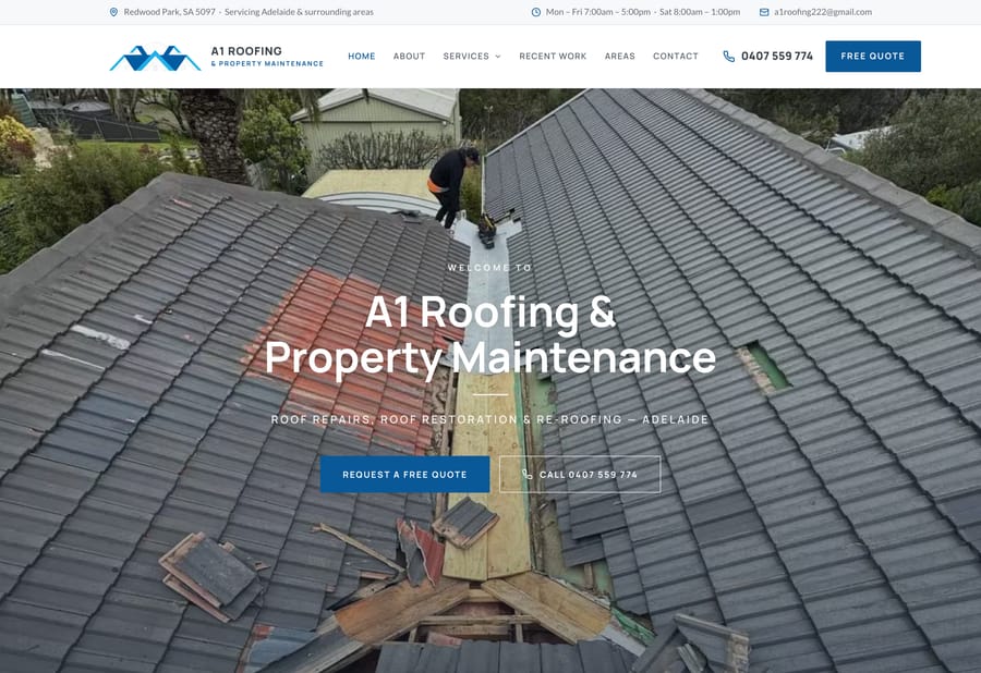 The A1 Roofing Adelaide website homepage, designed and built by JB Digital Barossa.
