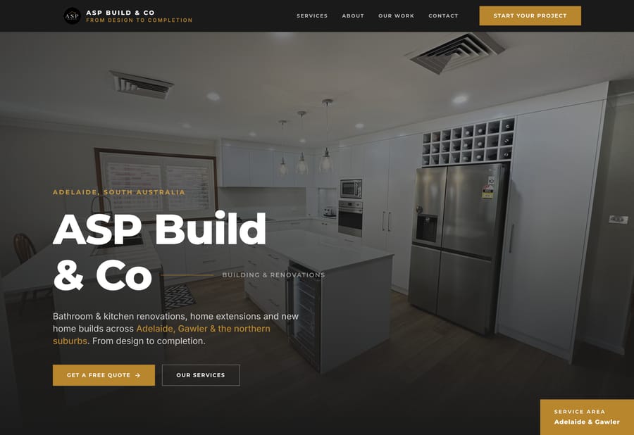 The ASP Build & Co website homepage, designed and built by JB Digital Barossa.