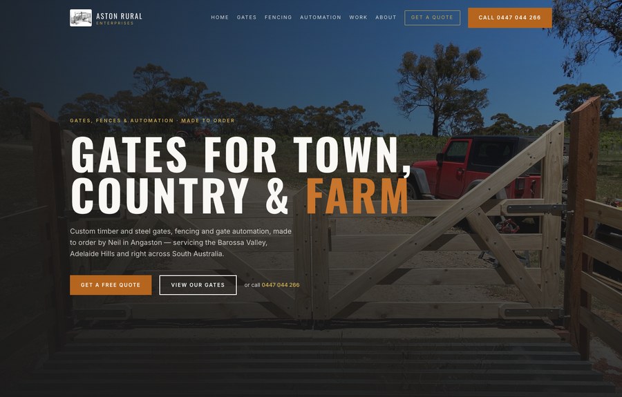 Aston Rural Enterprises website — web design for rural gates, fencing and automation across SA by JB Digital Barossa