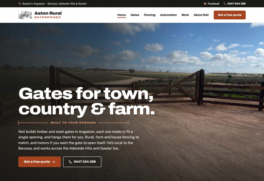 The Aston Rural Enterprises website homepage, designed and built by JB Digital Barossa.