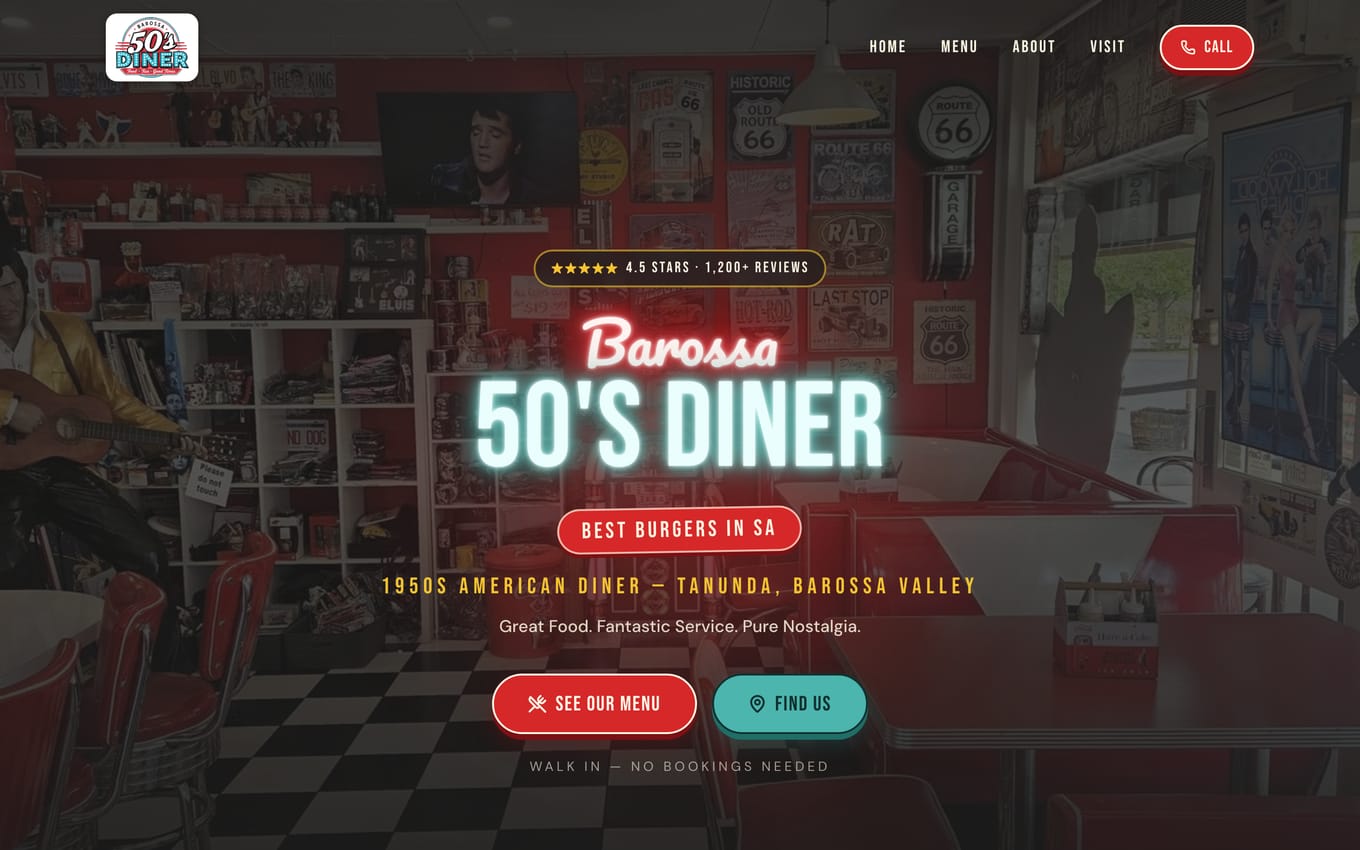 The Barossa 50's Diner website homepage, designed and built by JB Digital Barossa.