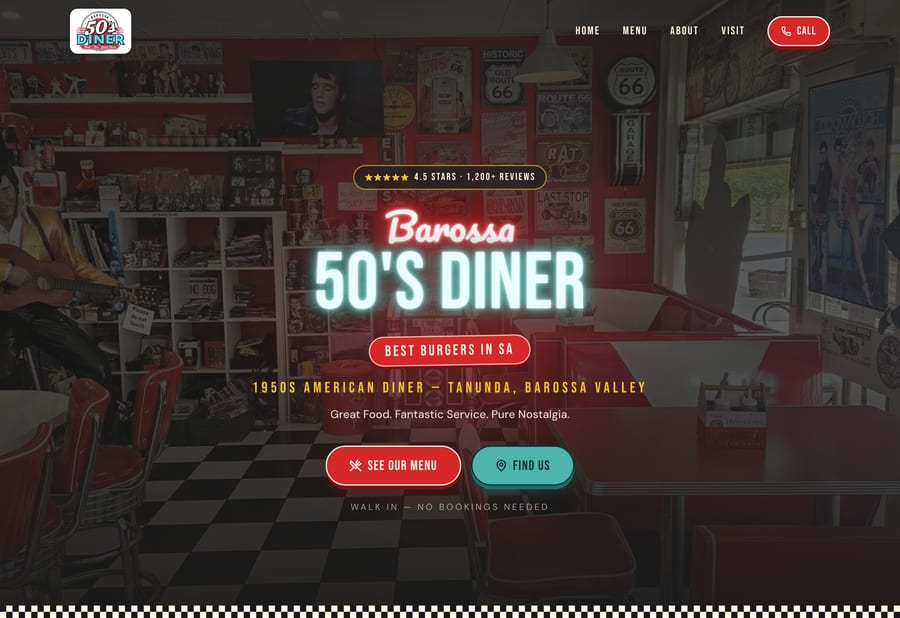 Barossa 50's Diner website homepage