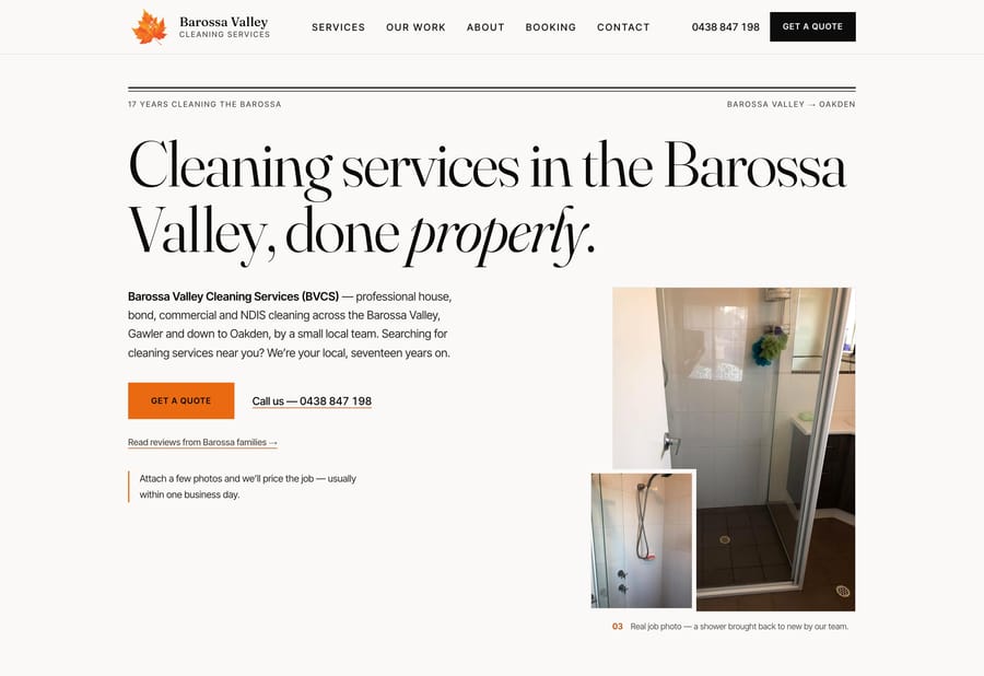 The Barossa Valley Cleaning Services website homepage, designed and built by JB Digital Barossa.