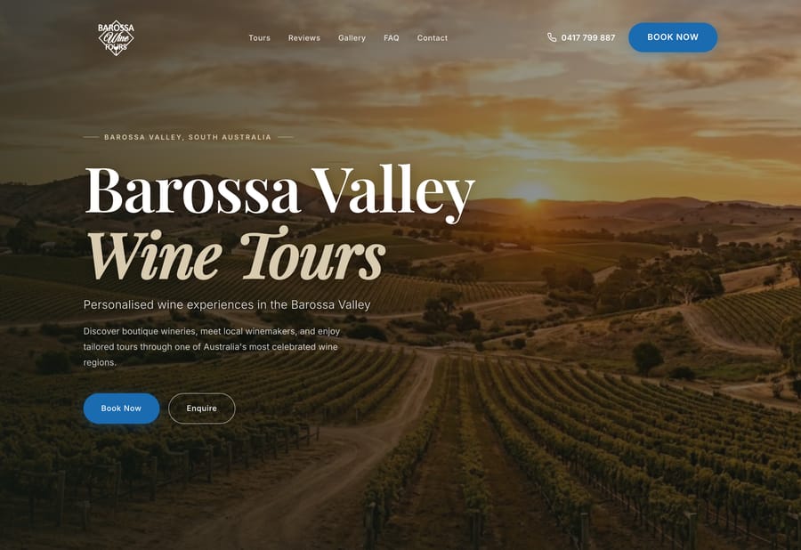 The Barossa Wine Tours website homepage, designed and built by JB Digital Barossa.