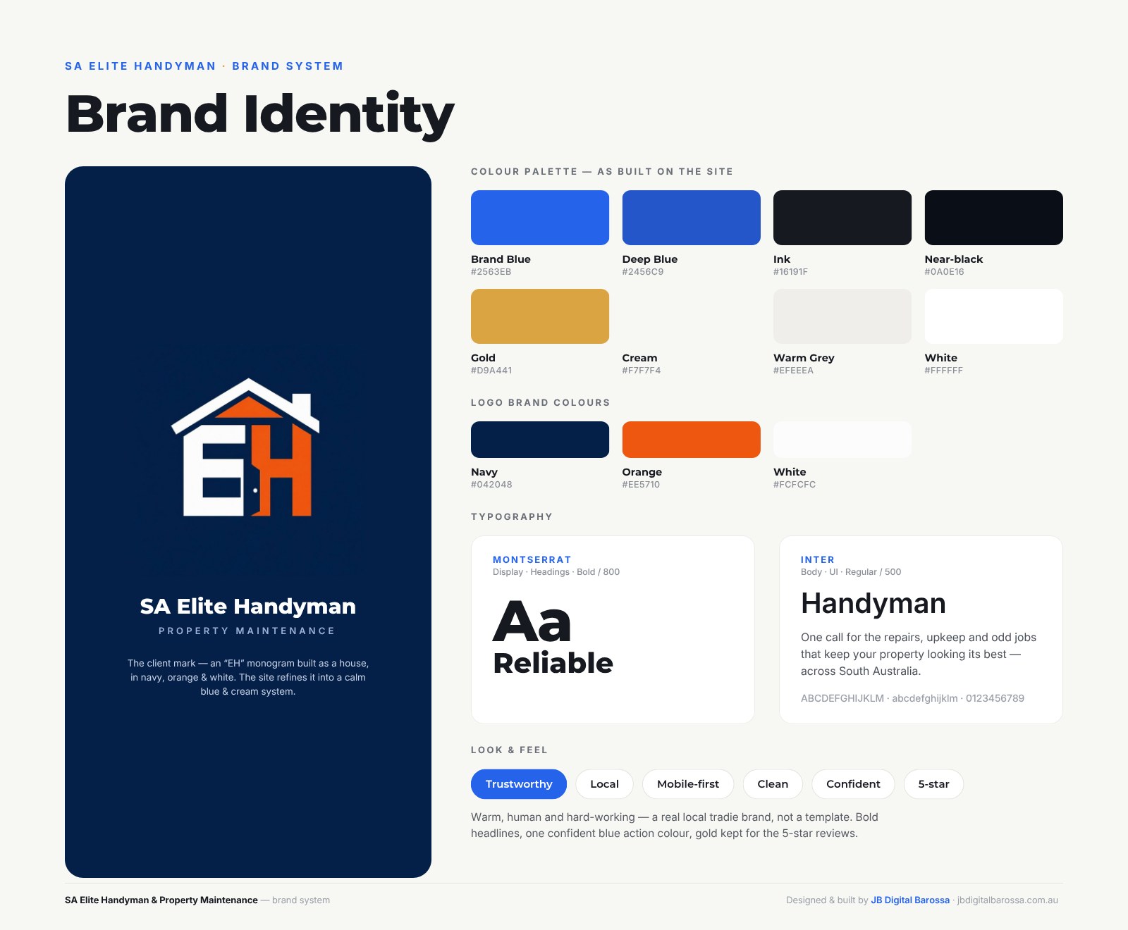 SA Elite Handyman brand identity board — logo, colour palette, typography and look-and-feel, designed by JB Digital Barossa