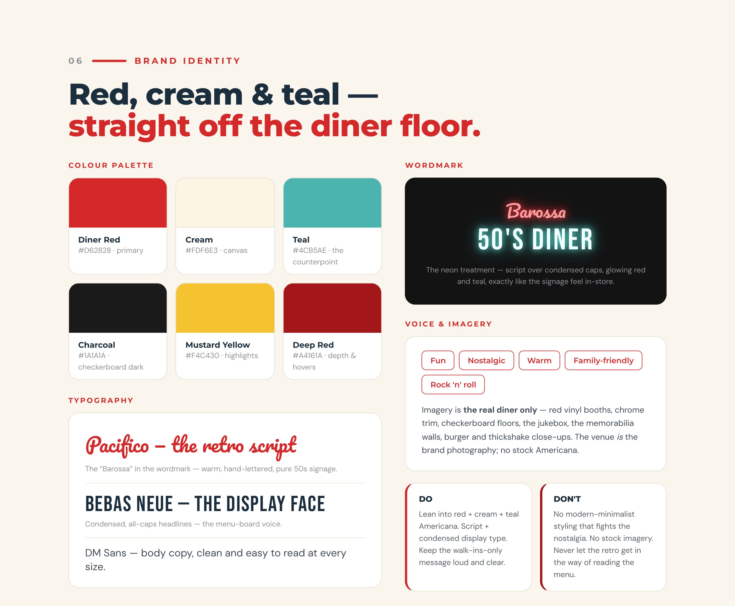 Barossa 50's Diner brand direction page — red, cream and teal palette straight off the diner floor
