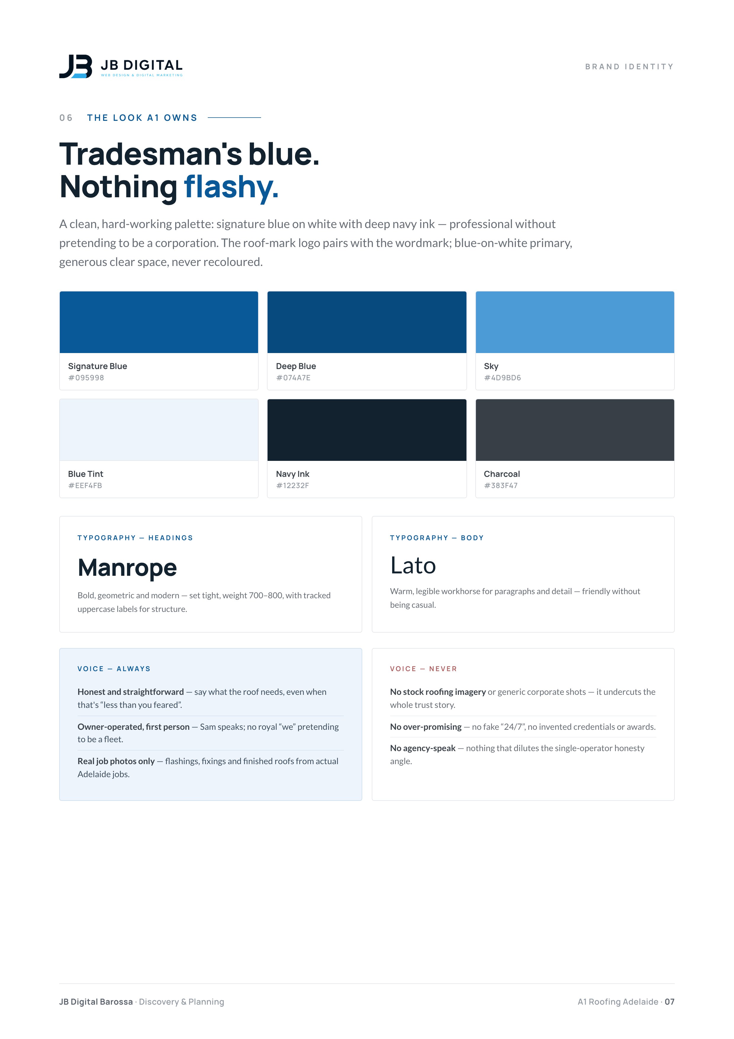 A1 Roofing & Property Maintenance brand palette page — tradesman blue colour system