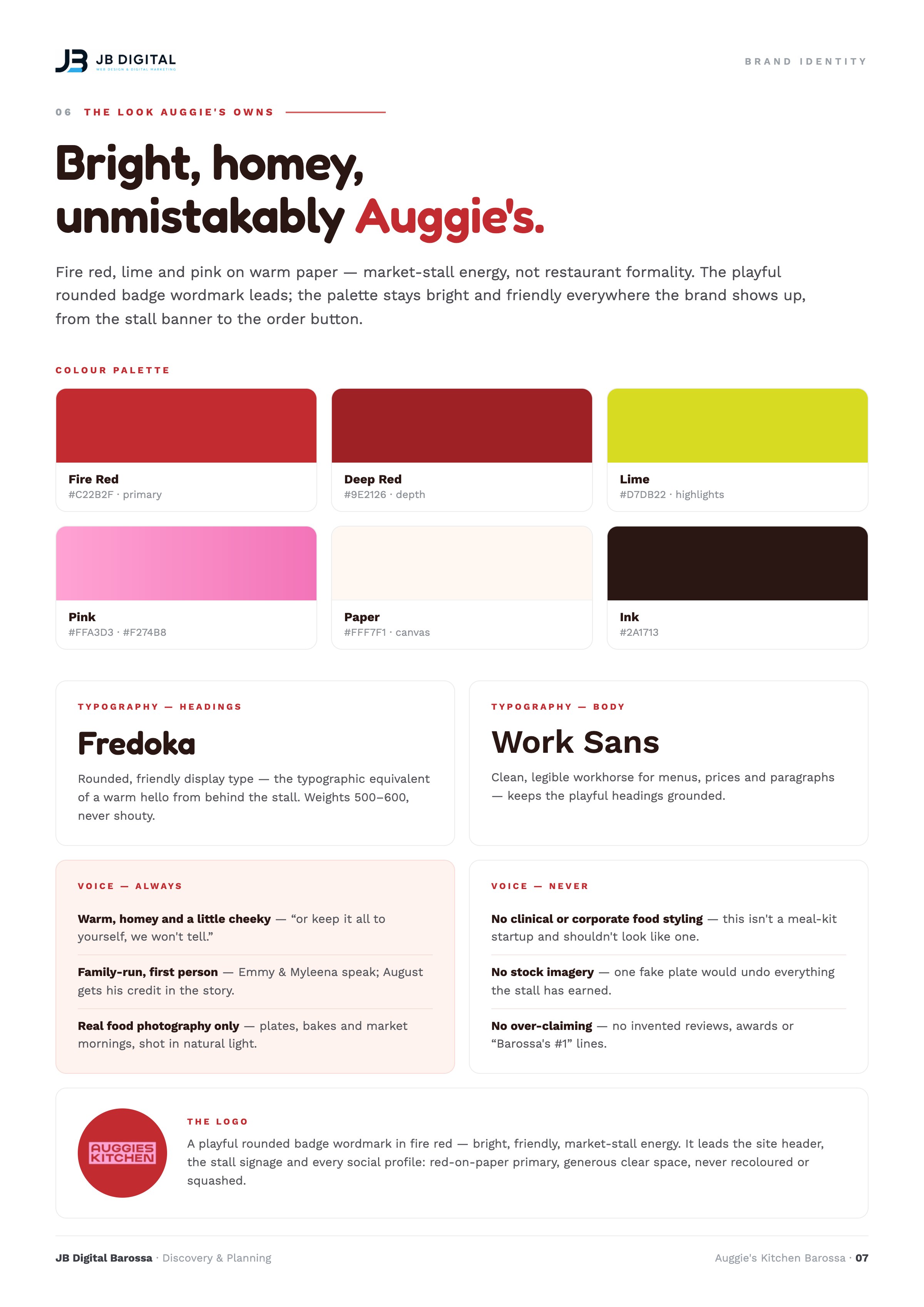 Auggie's Kitchen brand palette page — bright, homey colour system