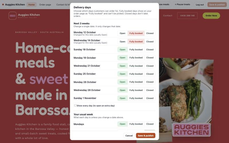 The Delivery days panel in the Auggies admin, with Open, Fully booked and Closed buttons for each date