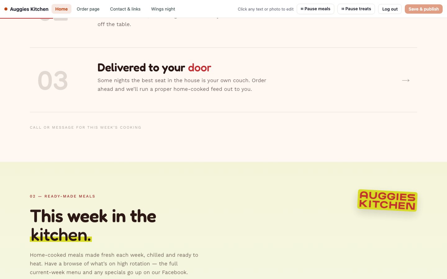 The Auggies Kitchen click-to-edit admin, with Pause meals and Pause treats buttons