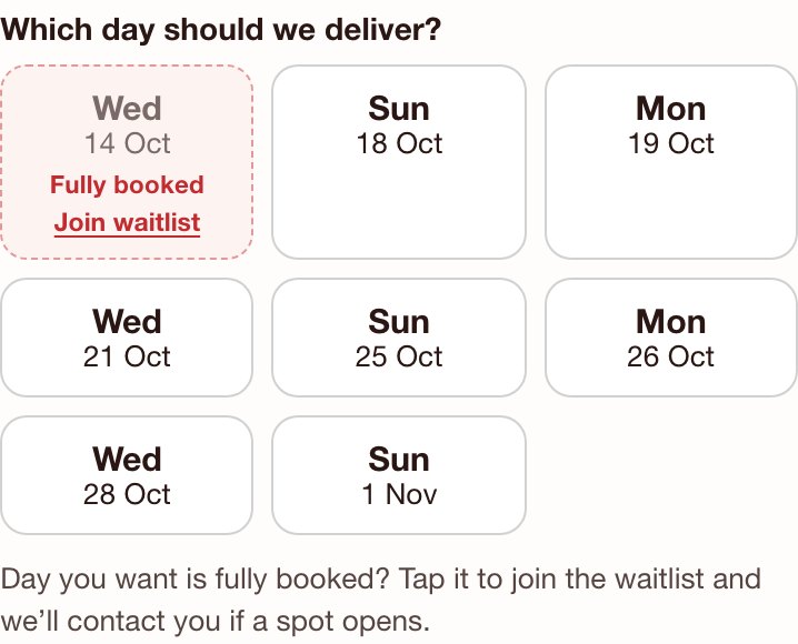 The delivery-day picker on the Auggies order page, with a fully booked day showing a Join waitlist link