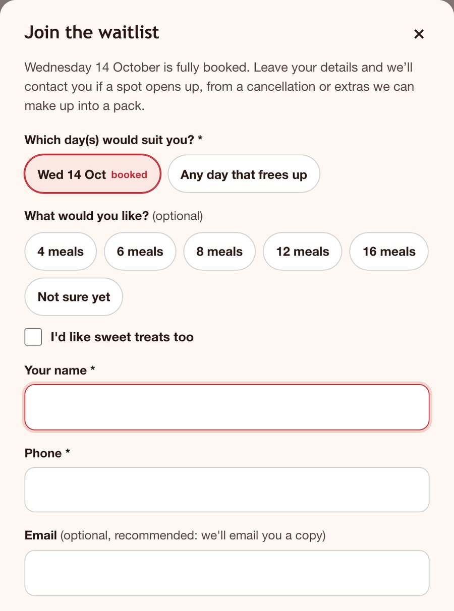 The Join the waitlist form for a fully booked delivery day