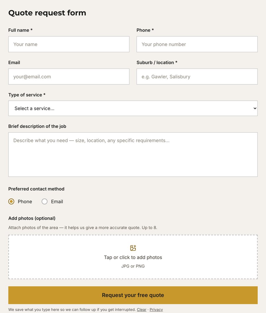 The May Paving quote request form: name, phone, email, suburb, type of service, job description, contact method and photo upload