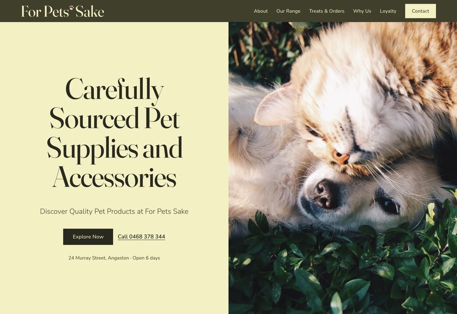 For Pets Sake pet shop homepage in Angaston, a website by JB Digital Barossa