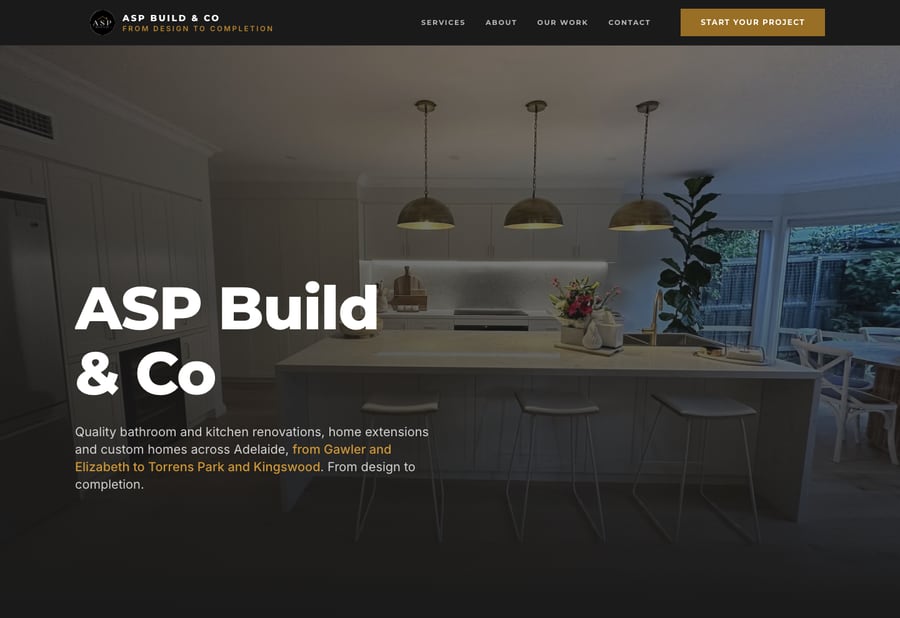 The ASP Build & Co homepage hero: “ASP Build & Co, building & renovations, Adelaide & Gawler, SA” over a finished bathroom renovation.