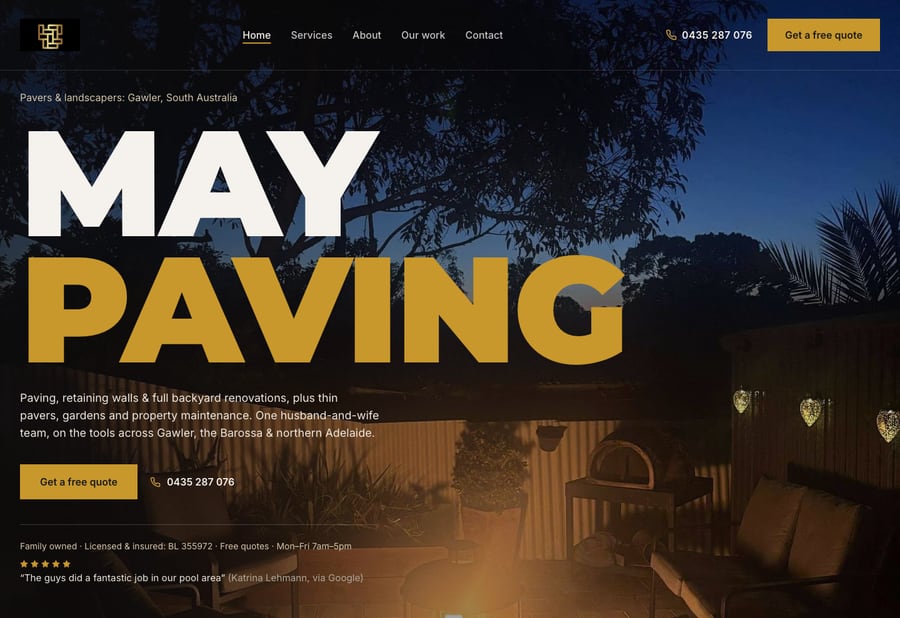 May Paving homepage, a Gawler paving website designed by JB Digital Barossa