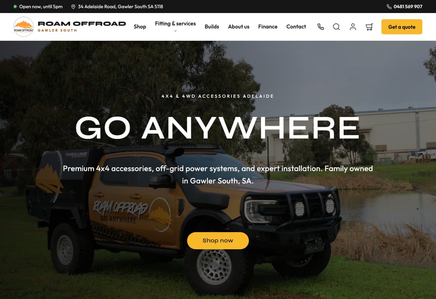 Roam Offroad’s Gawler South 4x4 store homepage, rebuilt on Shopify by JB Digital Barossa