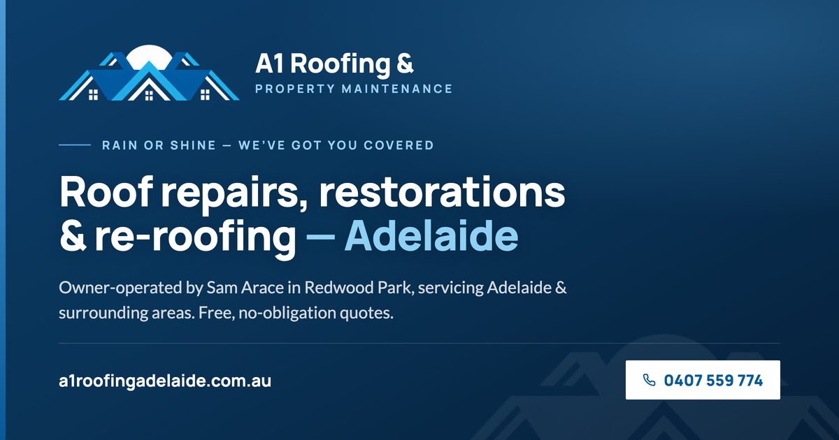 A1 Roofing link-preview image: roof mark, headline and phone number on navy