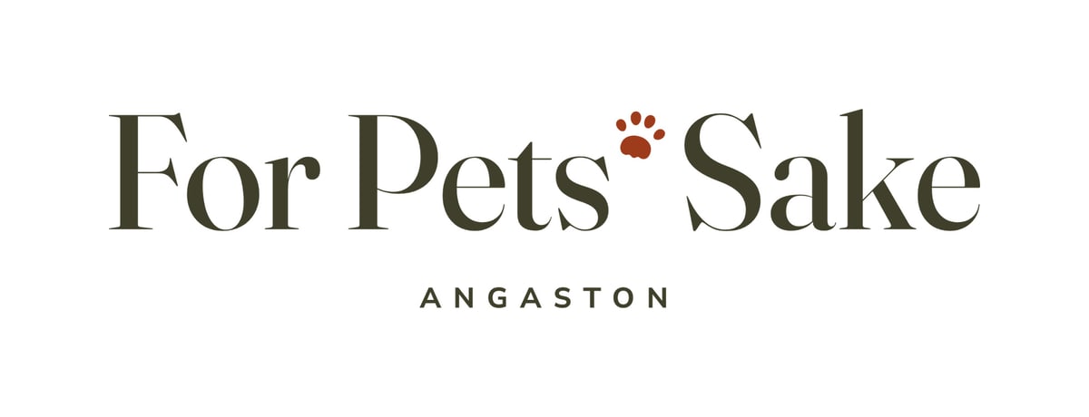 For Pets Sake logo in olive with a rust paw on a light background