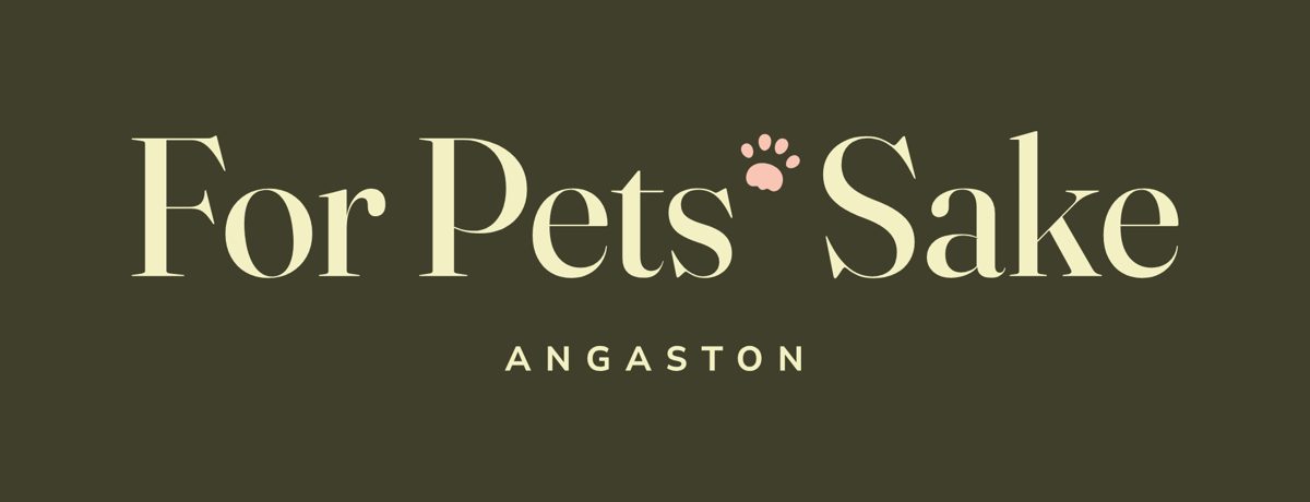 For Pets Sake logo in butter and peach on olive, with Angaston underneath