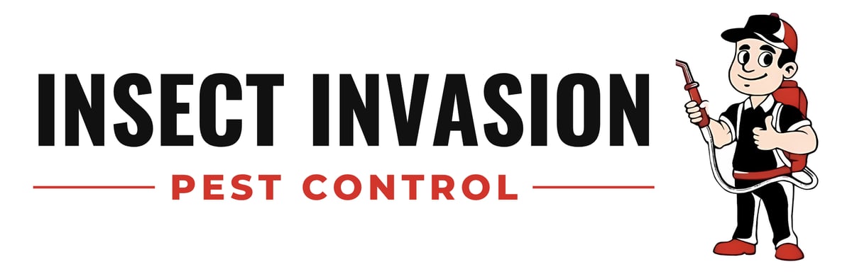 Insect Invasion Pest Control logo lockup with their pest controller mascot