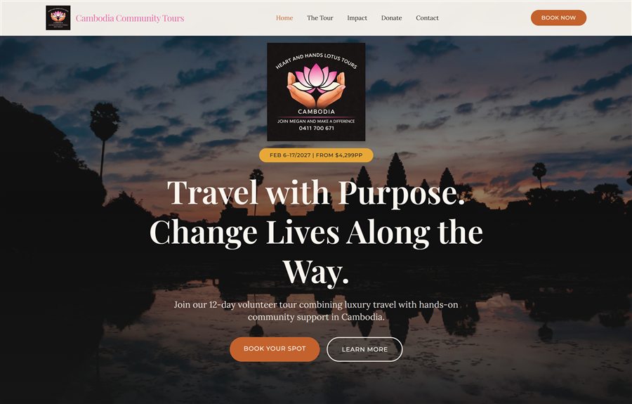 Heart & Hands Cambodia Tours website homepage, designed and built by JB Digital